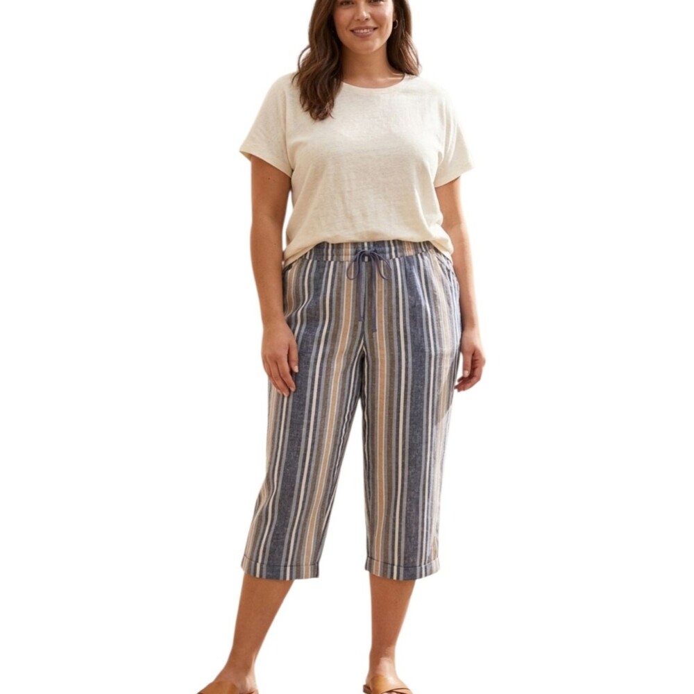 Lane Bryant Linen Blend Wide Leg Pants 16 Blue Stripe Drawstring Cropped Pull On